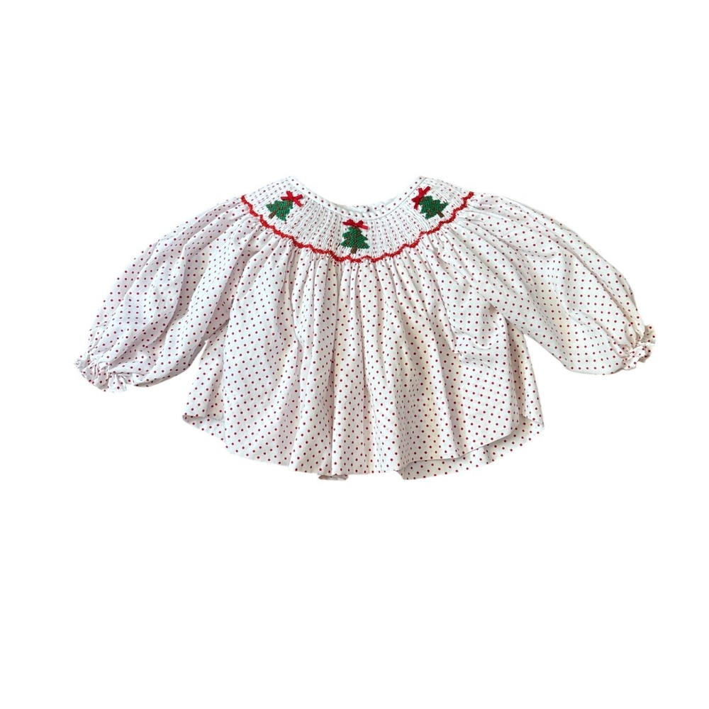 Cecil and Lou Smocked Christmas Tree Blouse Girls White Red Polka Dot SIZE 3M